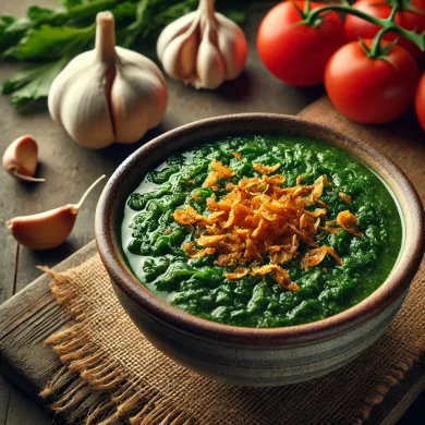 DALL·E 2025-01-18 01.03.28 - A realistic presentation of a traditional Egyptian dish of molokhia, served in a simple rustic ceramic bowl. The molokhia soup is a rich green color a