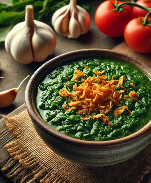 DALL·E 2025-01-18 01.03.28 - A realistic presentation of a traditional Egyptian dish of molokhia, served in a simple rustic ceramic bowl. The molokhia soup is a rich green color a
